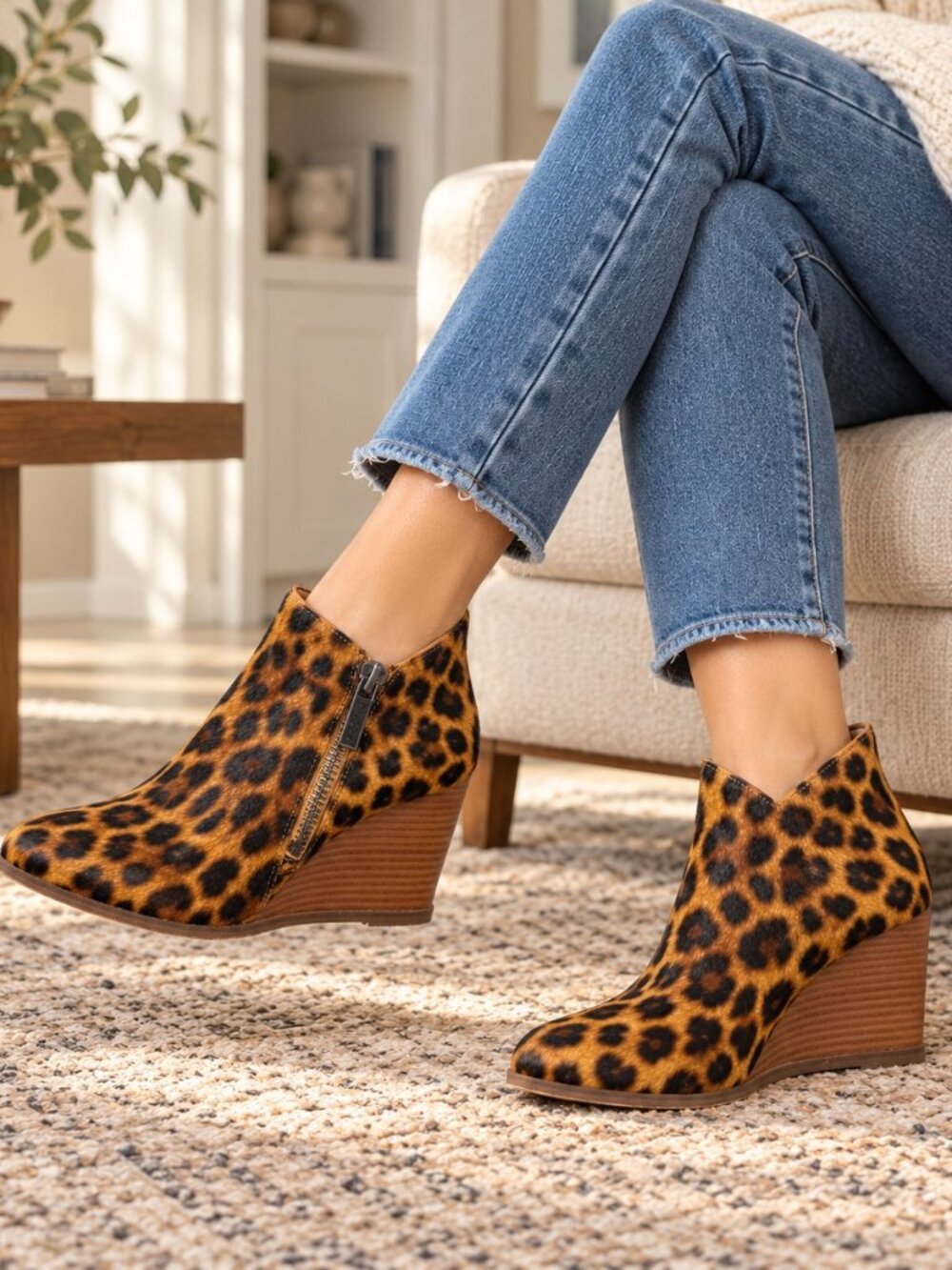 1.STATE Leopard Cheetah Animal Print Wedge Boot Womens Size 8.5 Side Zip